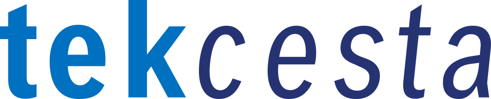 tekcesta logo tekcesta wordmark logo, which consists of heavy, bright blue "tek" and a deeper blue, italicized "cesta"